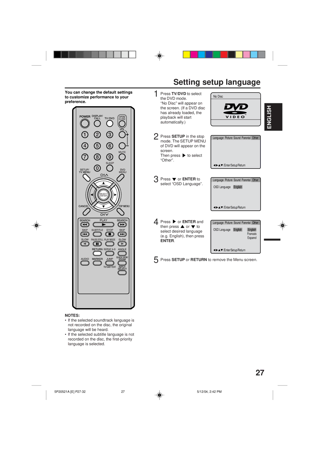 Memorex MVD2113 owner manual Setting setup language, You can change the default settings, Press TV/DVD to select, DVD mode 