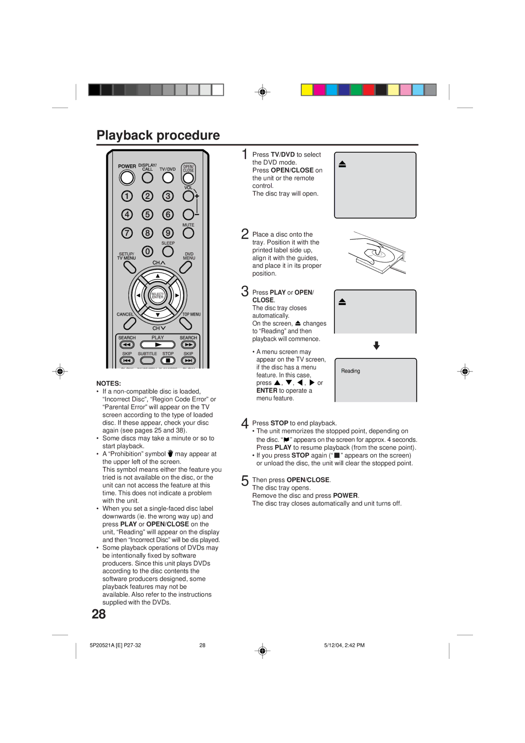 Memorex MVD2113 Playback procedure, Some discs may take a minute or so to start playback, Press Play or Open, Close 