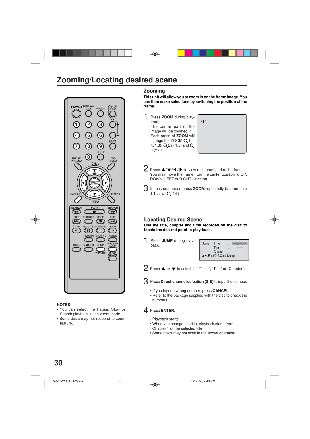 Memorex MVD2113 owner manual Zooming/Locating desired scene, Locating Desired Scene 