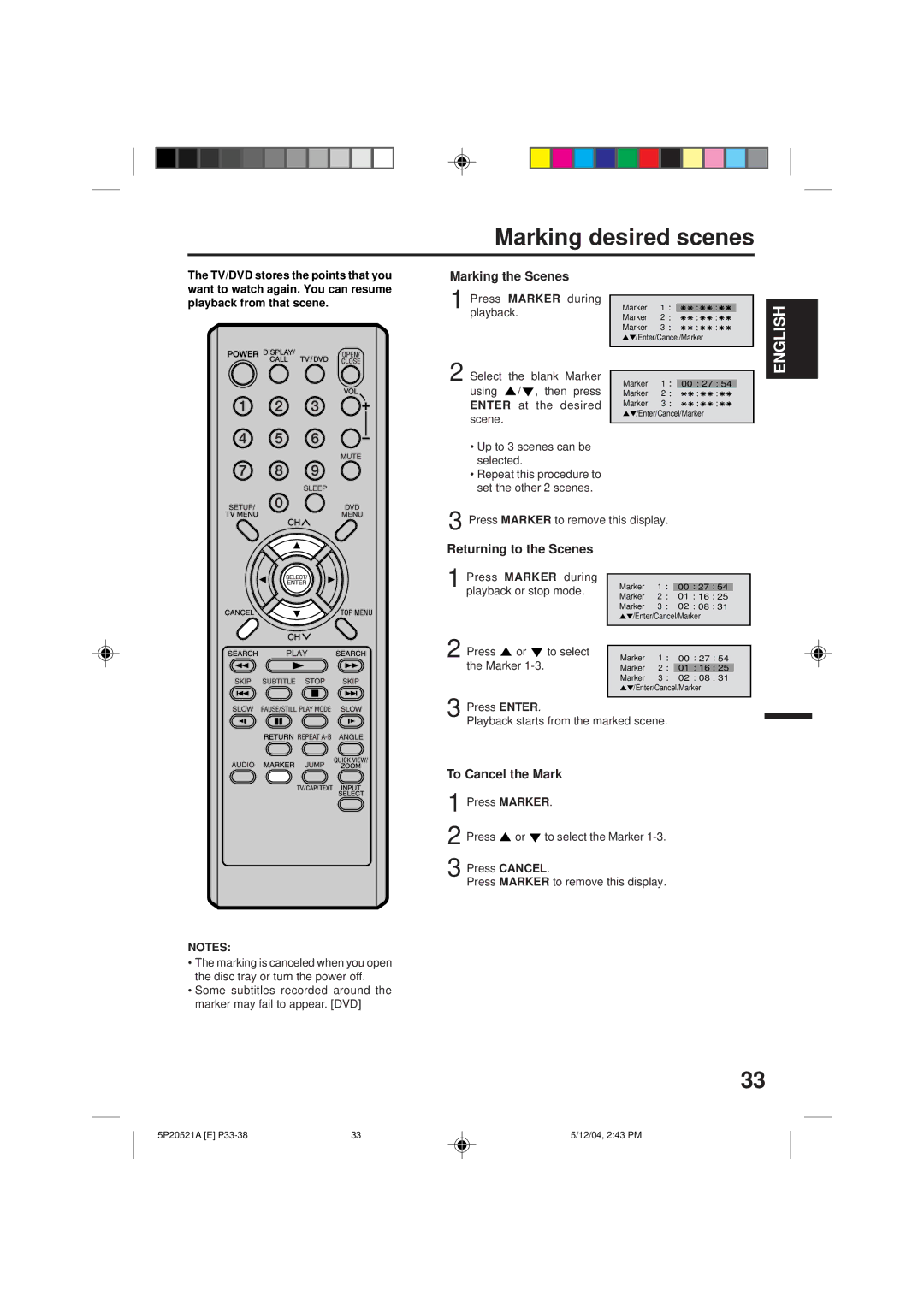 Memorex MVD2113 Marking desired scenes, Marking the Scenes, Returning to the Scenes, To Cancel the Mark, Marker during 