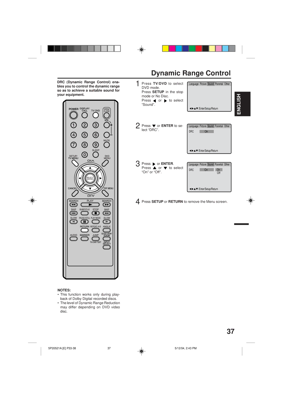 Memorex MVD2113 owner manual Dynamic Range Control, Press To select On or Off 