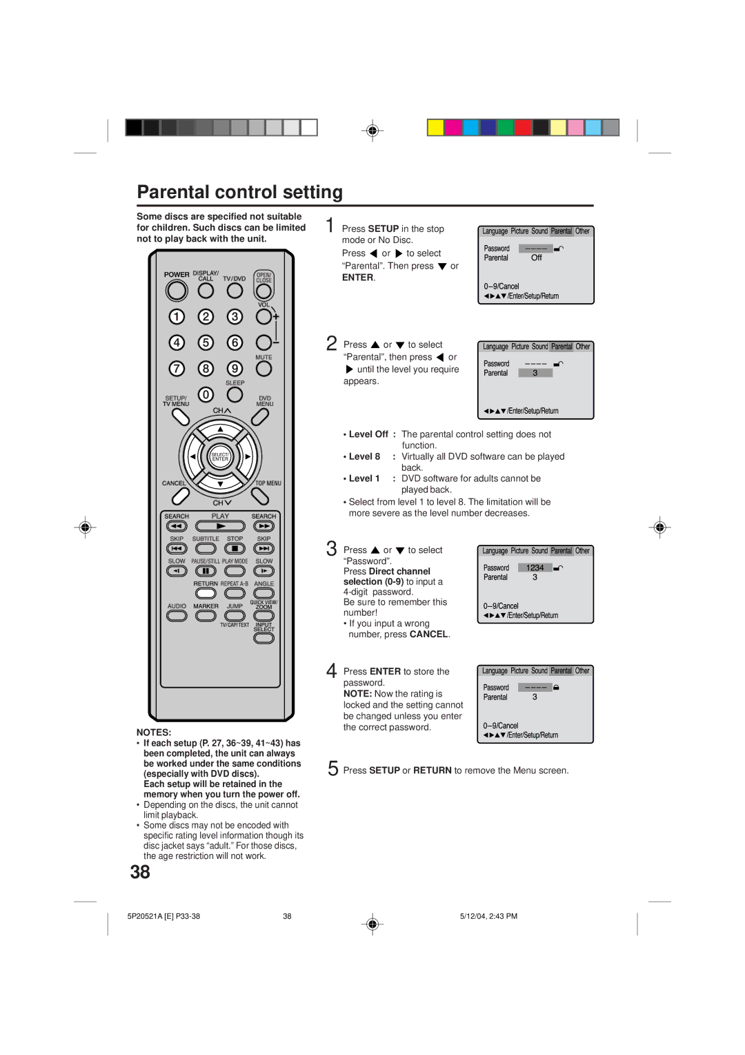 Memorex MVD2113 owner manual Parental control setting, Press or to select Password 