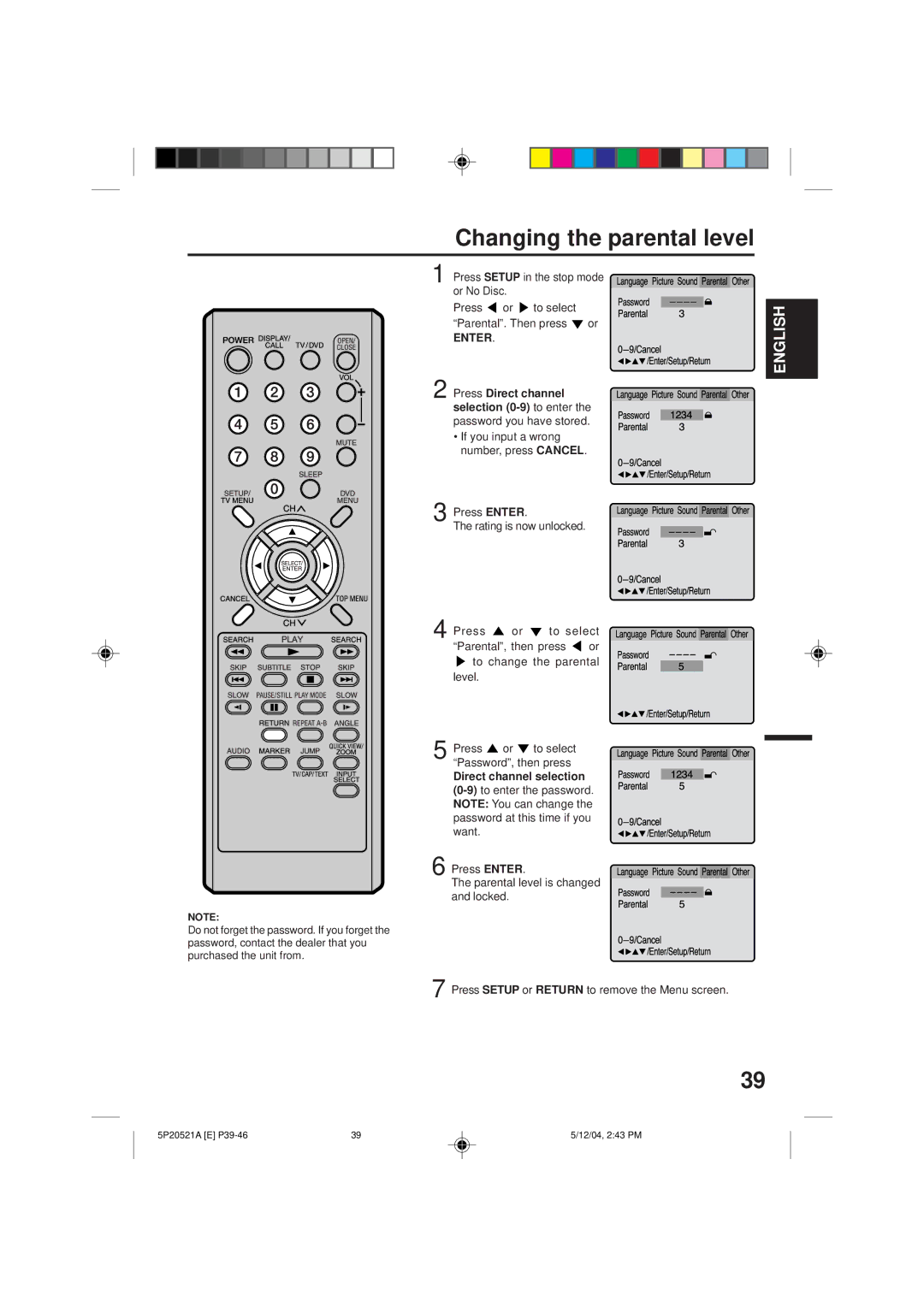 Memorex MVD2113 owner manual Changing the parental level, Press or to select Password, then press 