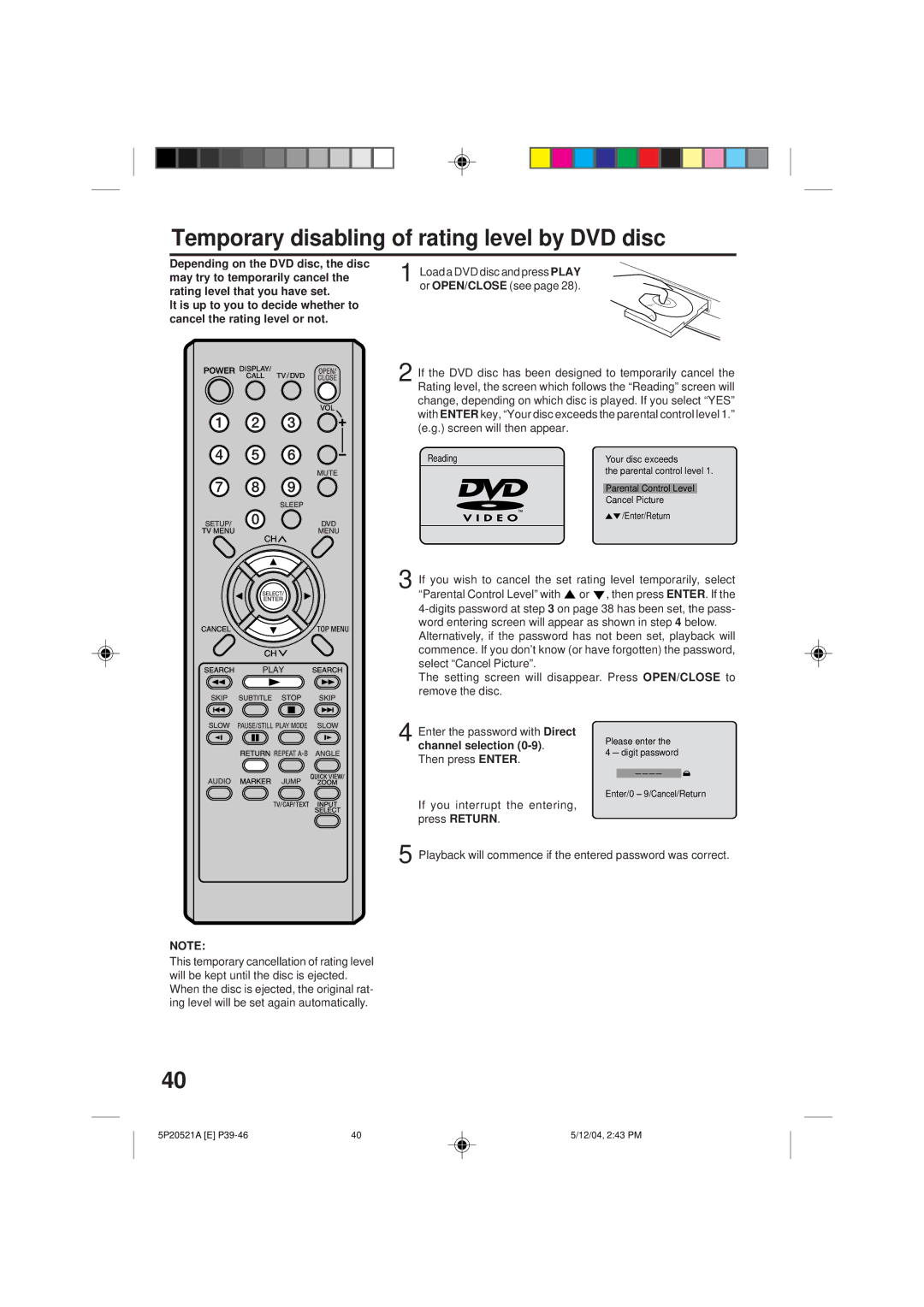 Memorex MVD2113 owner manual Temporary disabling of rating level by DVD disc 