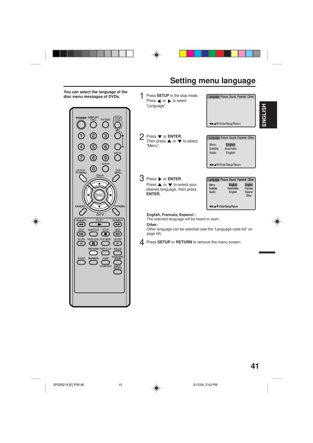 Memorex MVD2113 owner manual Setting menu language, Press Or to select your Desired language, then press 