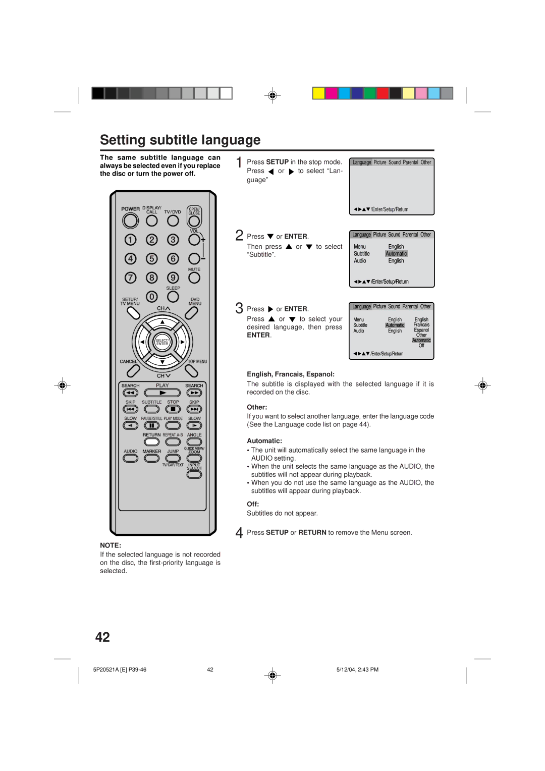 Memorex MVD2113 owner manual Setting subtitle language, English, Francais, Espanol, Other, Automatic 