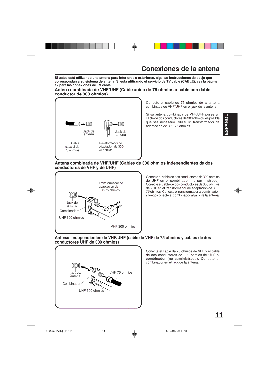 Memorex MVD2113 owner manual Conexiones de la antena, Jack de Antena Combinador UHF 300 ohmios, VHF 300 ohmios 