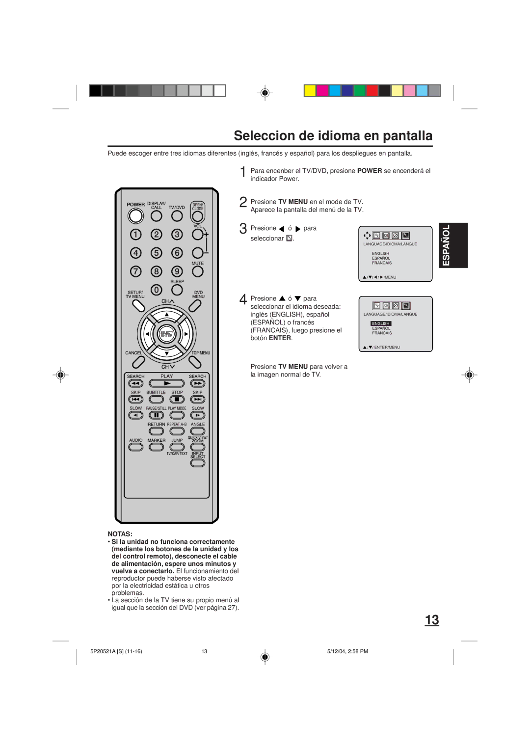 Memorex MVD2113 owner manual Seleccion de idioma en pantalla 