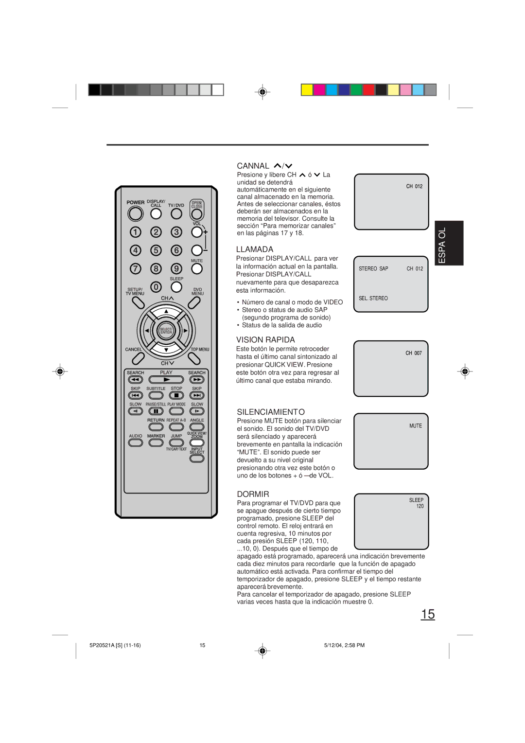 Memorex MVD2113 owner manual Cannal, Llamada, Vision Rapida, Silenciamiento, Dormir 