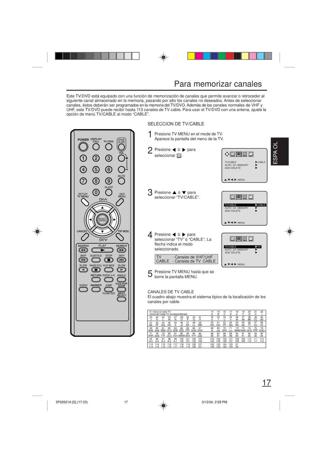 Memorex MVD2113 Para memorizar canales, Canales de VHF/UHF, Cable, Presione TV Menu hasta que se borre la pantalla Menu 