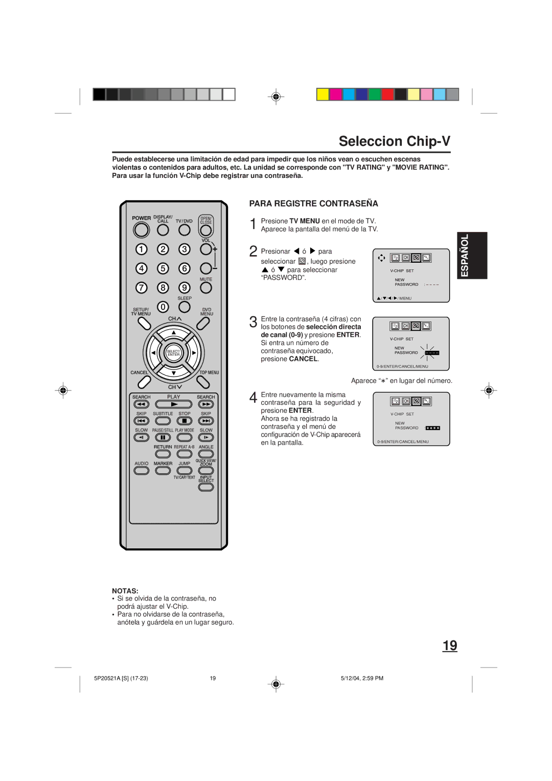 Memorex MVD2113 owner manual Seleccion Chip-V, Para Registre Contraseña, Los botones de selección directa 