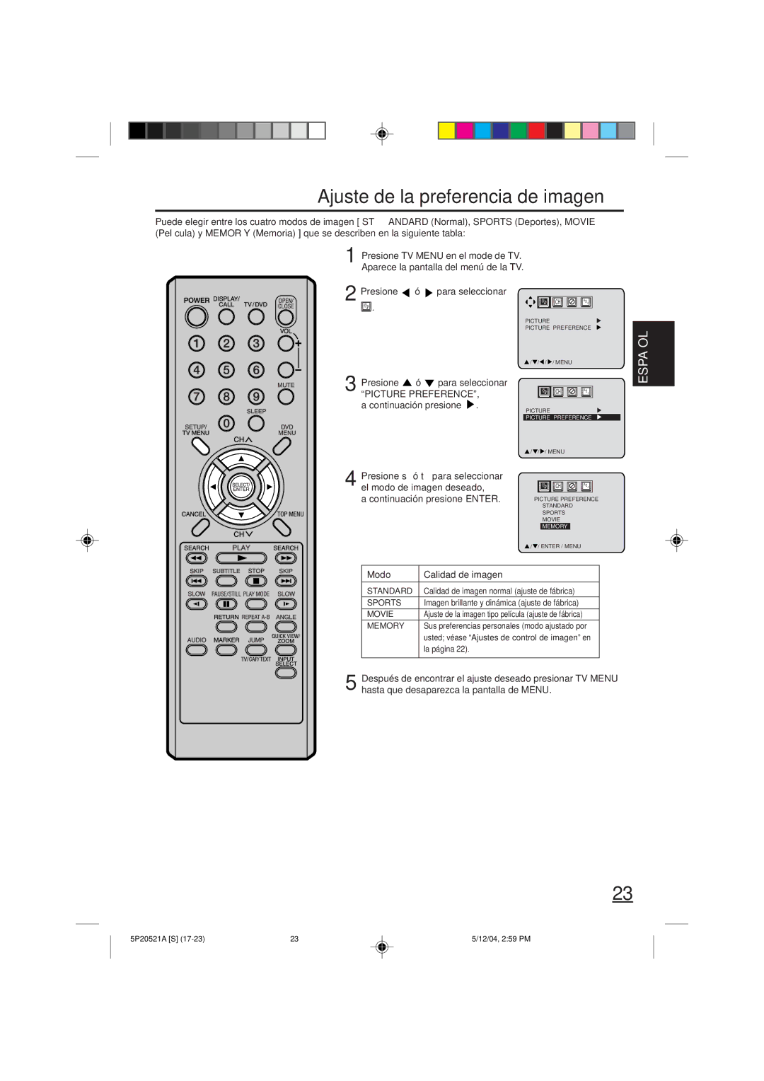 Memorex MVD2113 owner manual Ajuste de la preferencia de imagen, Continuación presione Enter, Modo Calidad de imagen 