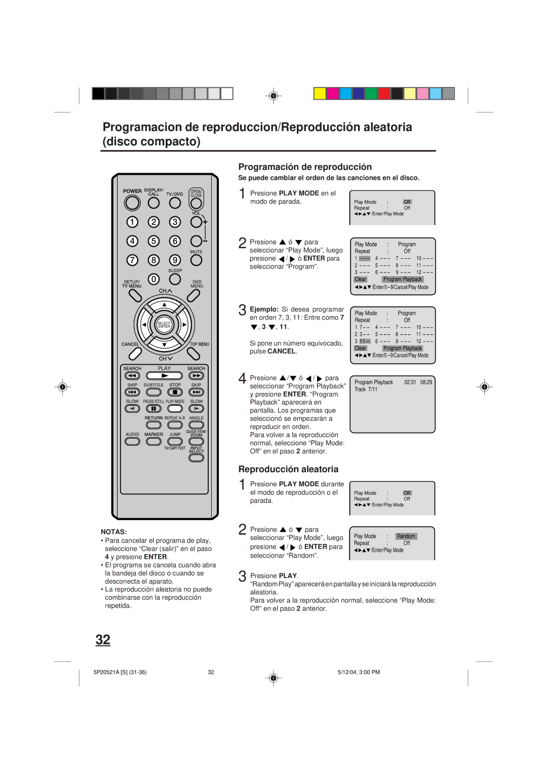 Memorex MVD2113 owner manual Programación de reproducción, Reproducción aleatoria 