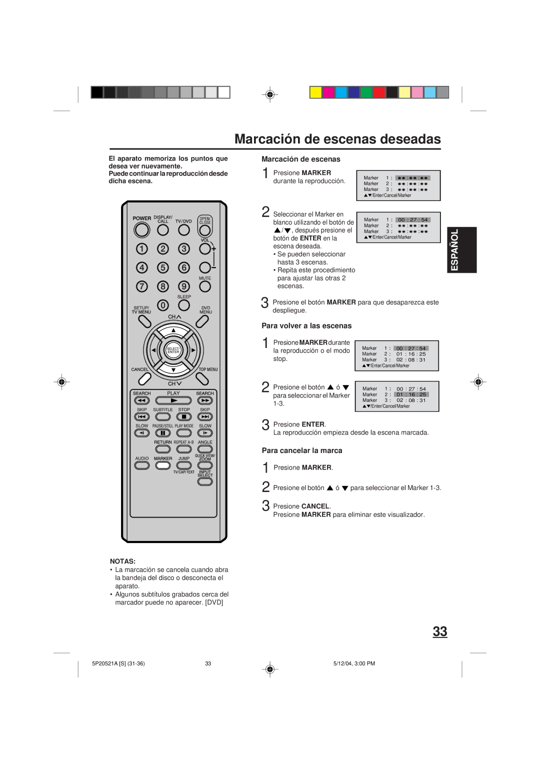 Memorex MVD2113 owner manual Marcación de escenas deseadas, Para cancelar la marca 