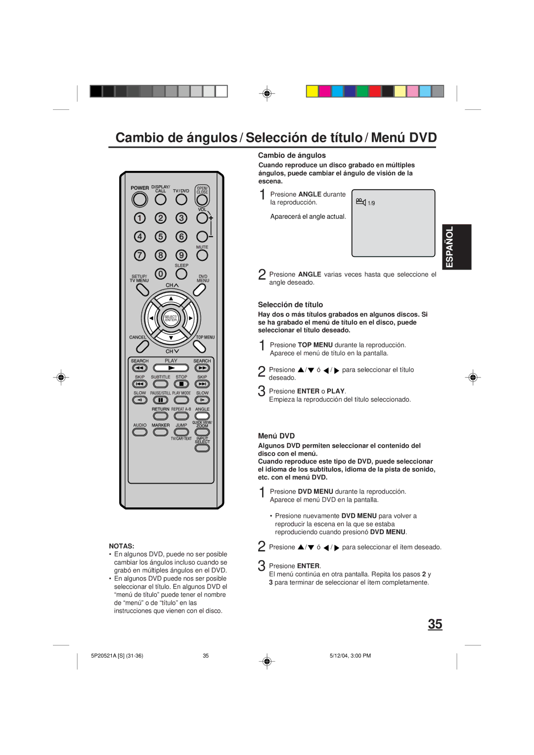 Memorex MVD2113 owner manual Cambio de ángulos / Selección de título / Menú DVD 