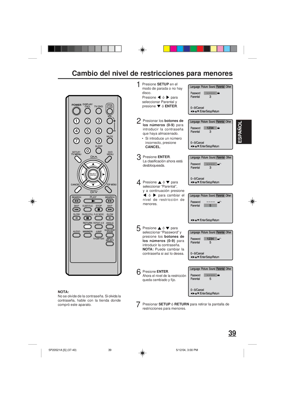 Memorex MVD2113 Cambio del nivel de restricciones para menores, Presione Setup en el modo de parada o no hay disco 