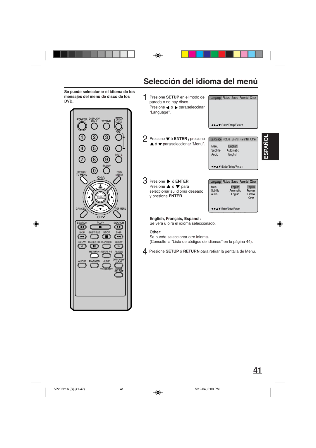 Memorex MVD2113 Selección del idioma del menú, English, Français, Espanol, Se verá u oirá el idioma seleccionado 