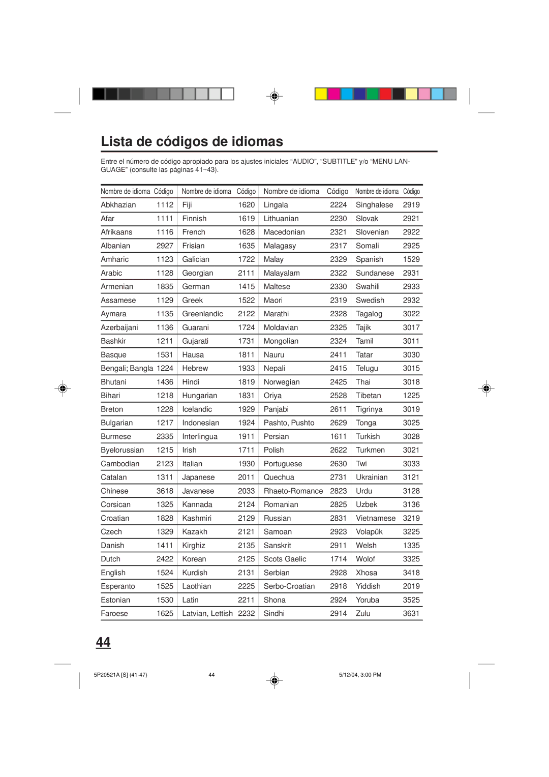 Memorex MVD2113 owner manual Lista de códigos de idiomas 