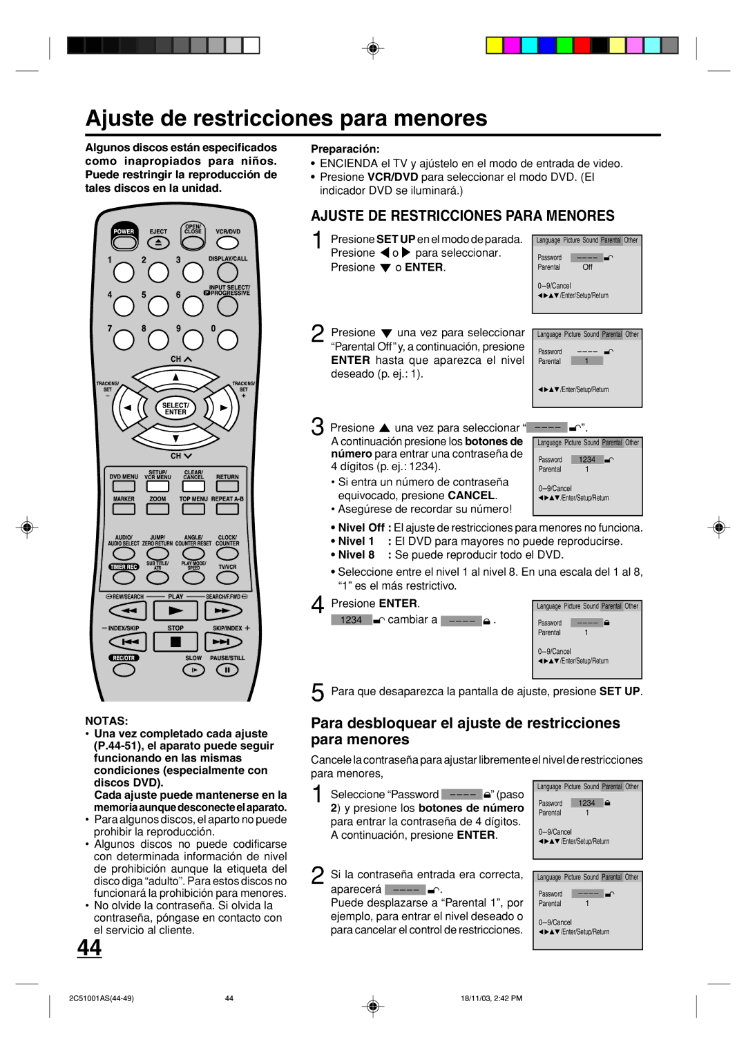 Memorex MVD4540B owner manual Ajuste de restricciones para menores 