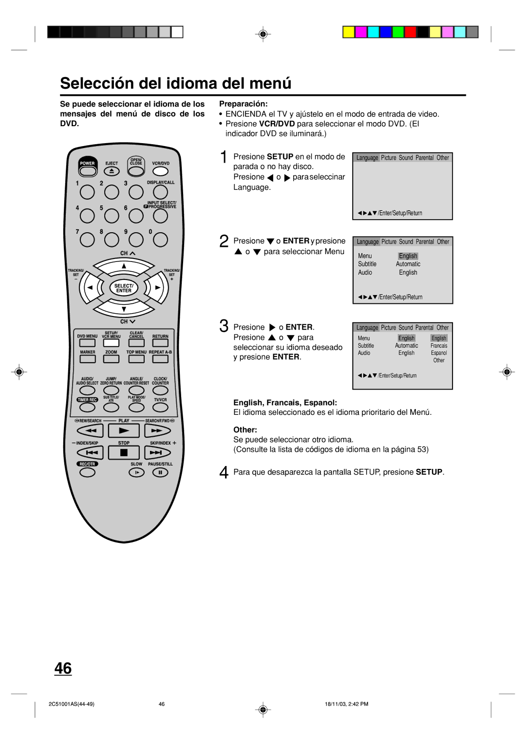 Memorex MVD4540B owner manual Selección del idioma del menú, El idioma seleccionado es el idioma prioritario del Menú 