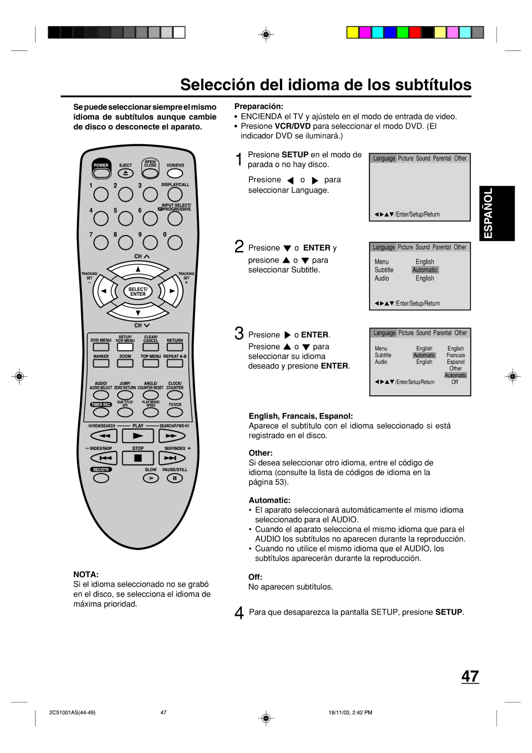 Memorex MVD4540B owner manual Selección del idioma de los subtítulos, El aparato 