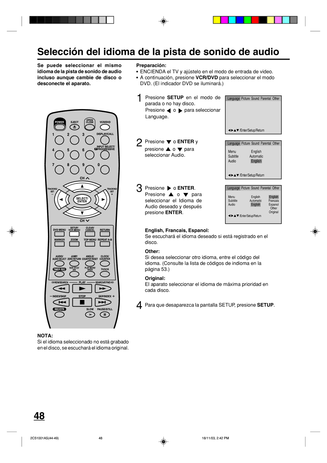 Memorex MVD4540B owner manual Selección del idioma de la pista de sonido de audio, Original 