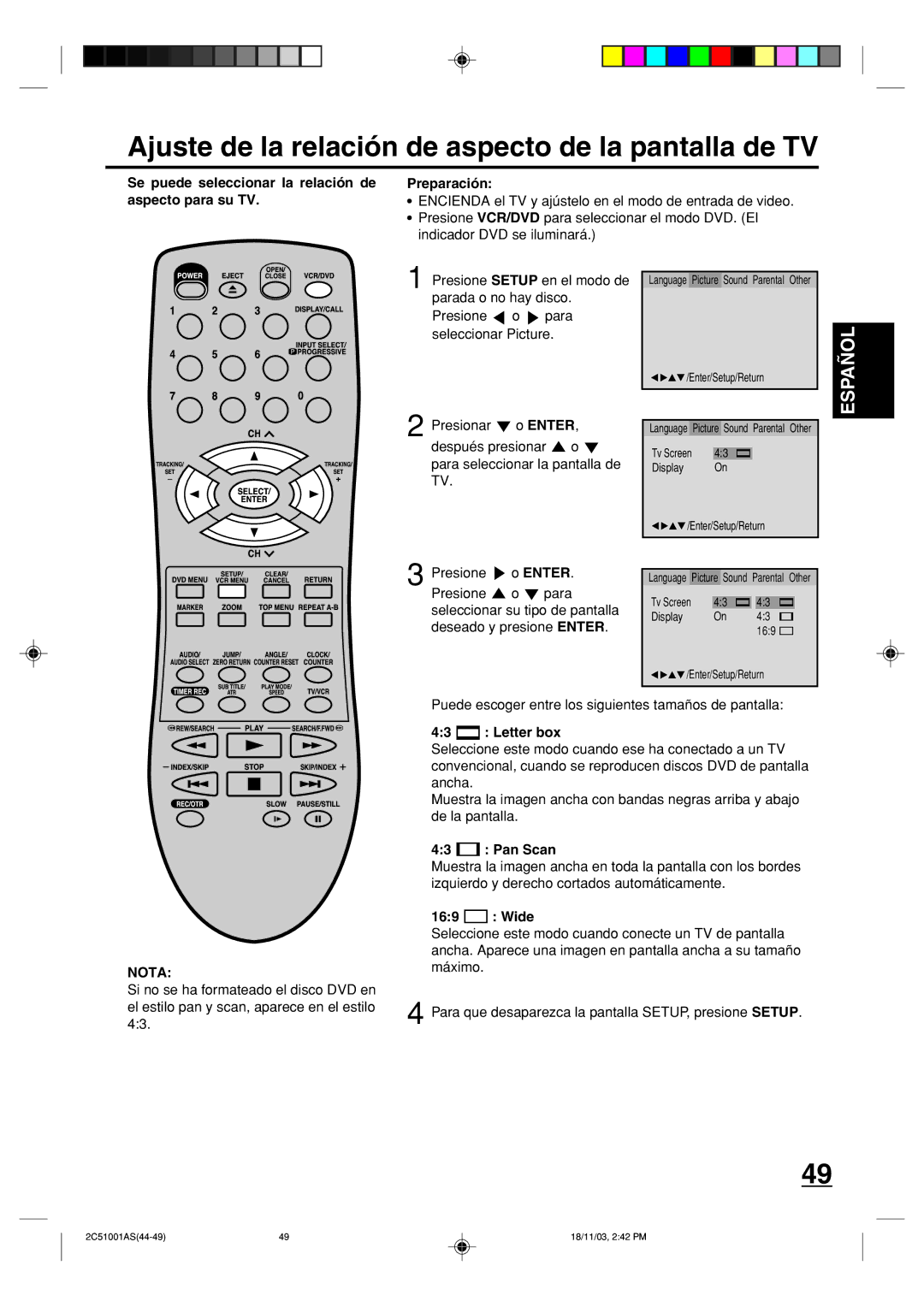 Memorex MVD4540B owner manual Ajuste de la relación de aspecto de la pantalla de TV, Presione o Enter 