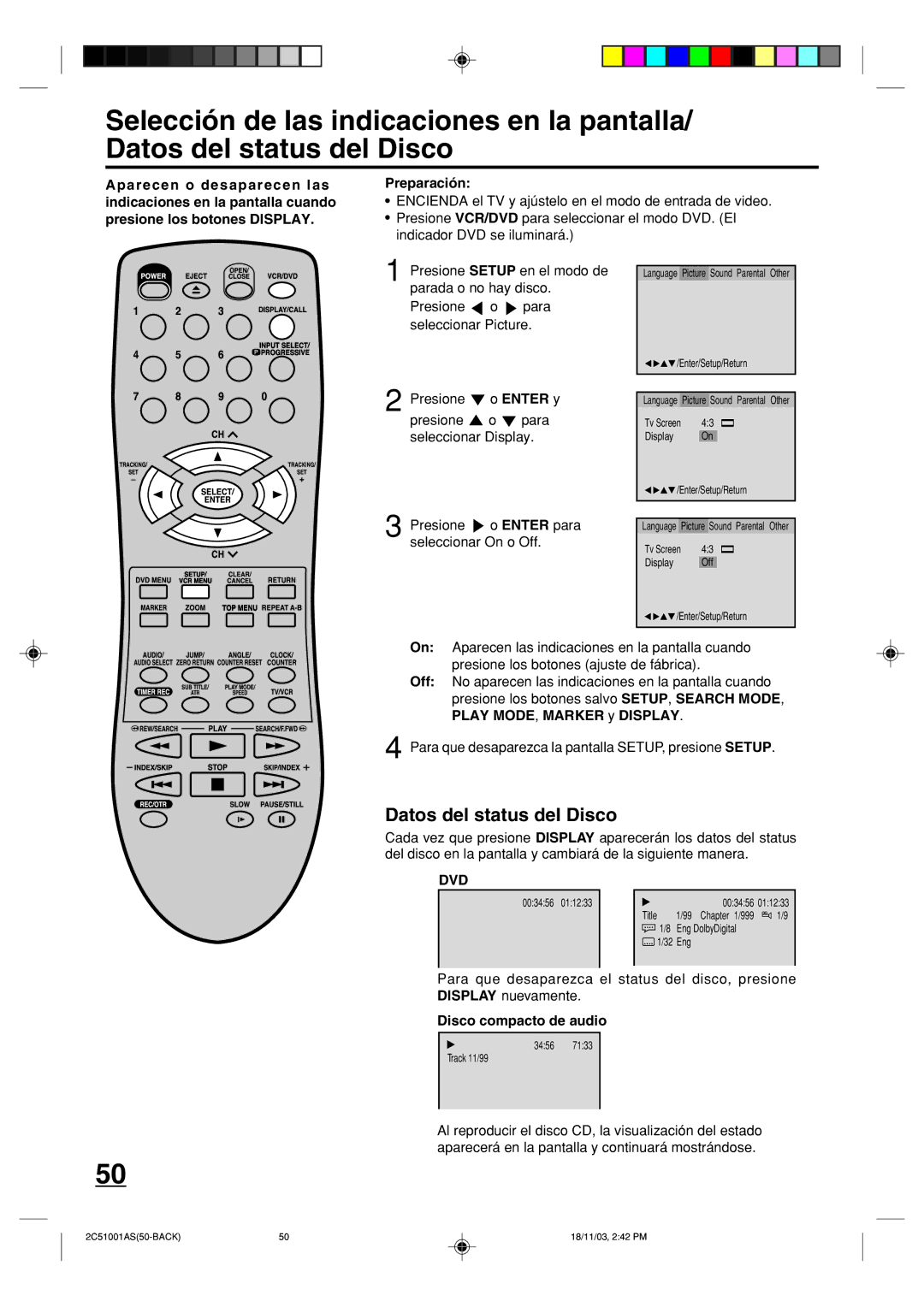 Memorex MVD4540B owner manual Datos del status del Disco, Disco compacto de audio 