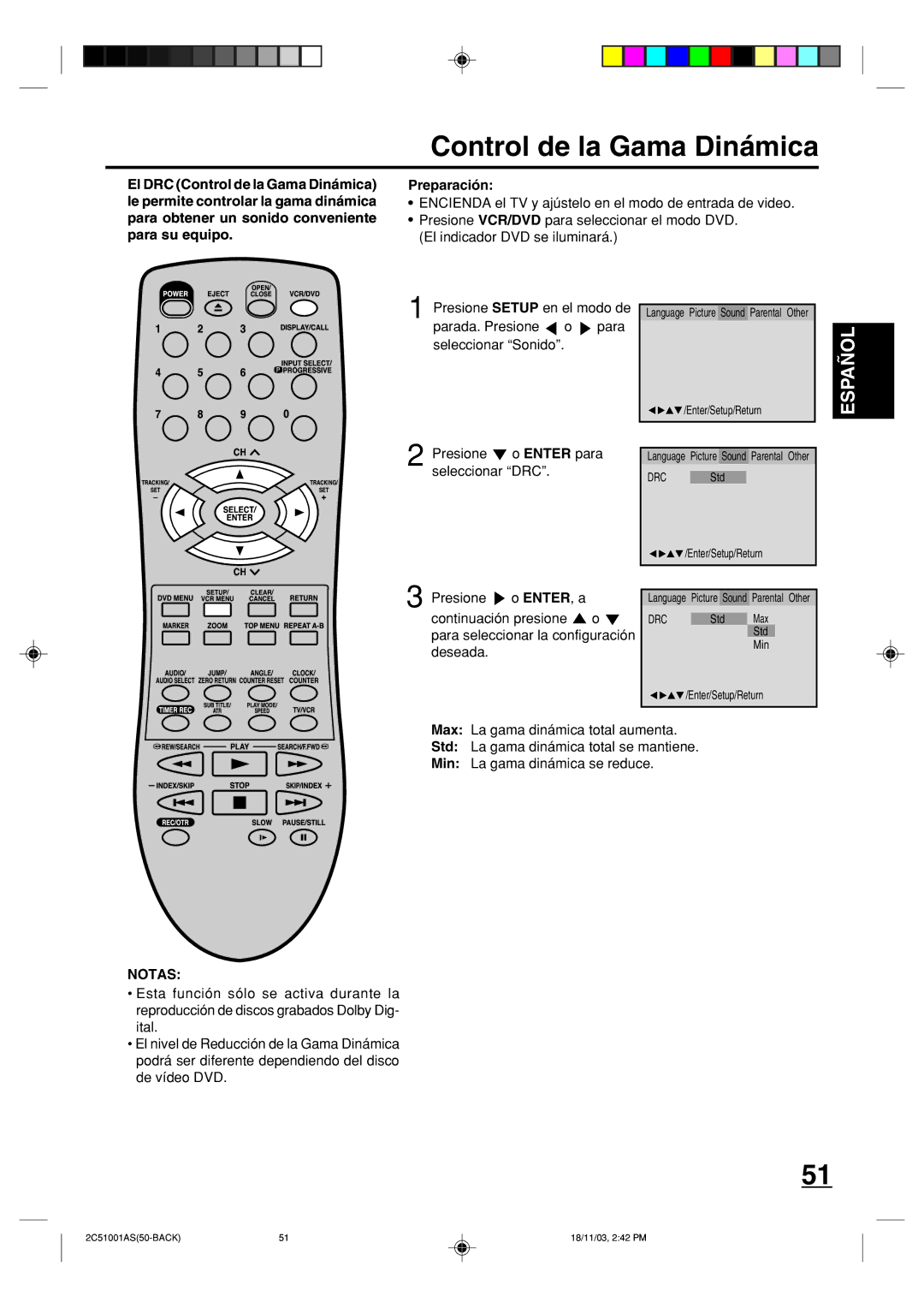 Memorex MVD4540B owner manual Control de la Gama Dinámica, Vcr/Dvd 