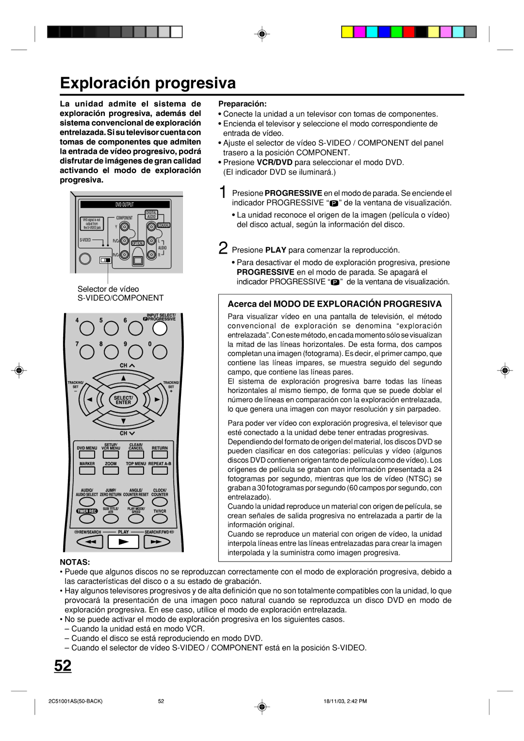 Memorex MVD4540B owner manual Exploración progresiva, Acerca del Modo DE Exploración Progresiva, Video/Component 