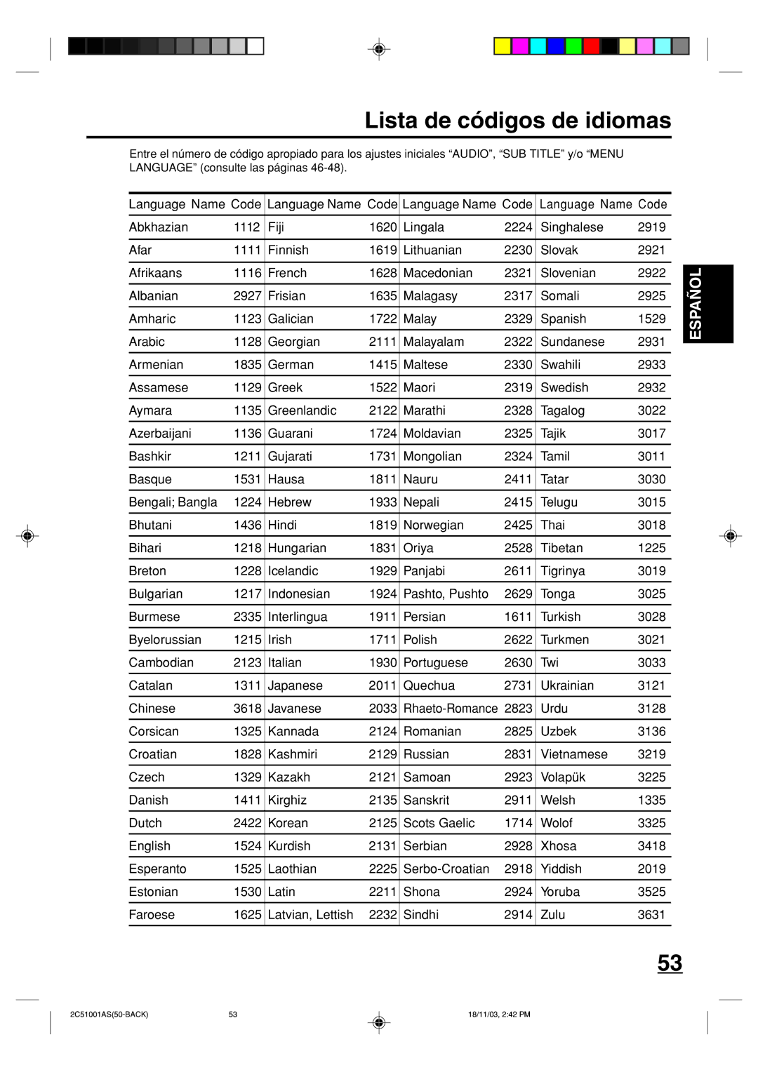 Memorex MVD4540B owner manual Lista de códigos de idiomas 