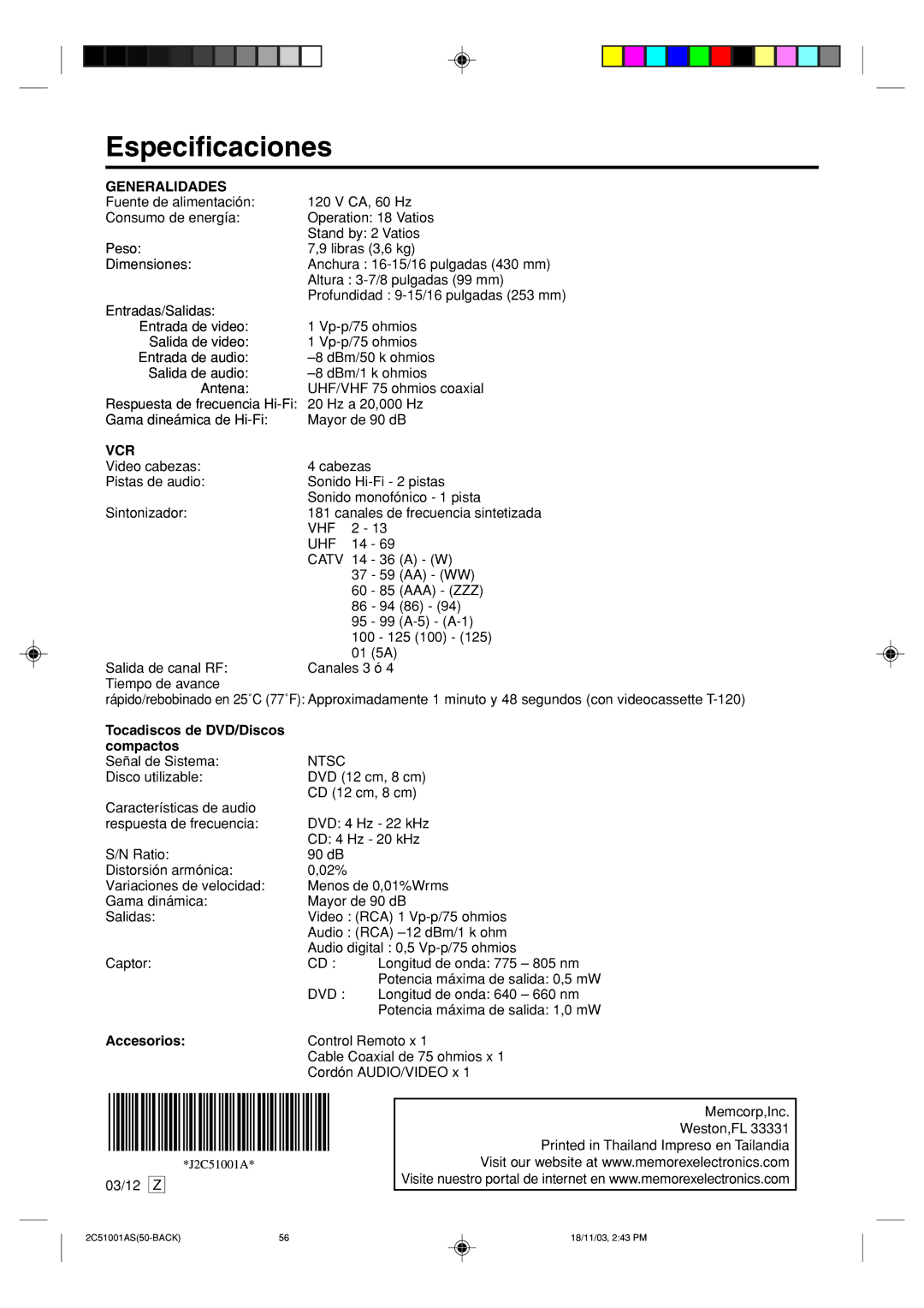 Memorex MVD4540B owner manual Especificaciones, 56 Z, Generalidades, Tocadiscos de DVD/Discos Compactos, Accesorios 