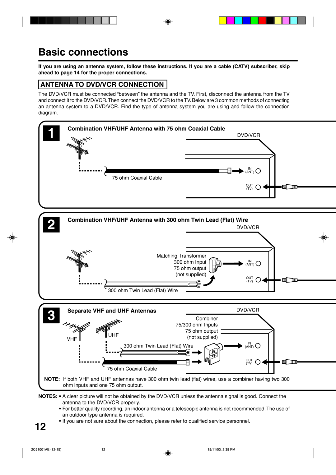 Memorex MVD4540B Basic connections, Combination VHF/UHF Antenna with 75 ohm Coaxial Cable, Separate VHF and UHF Antennas 