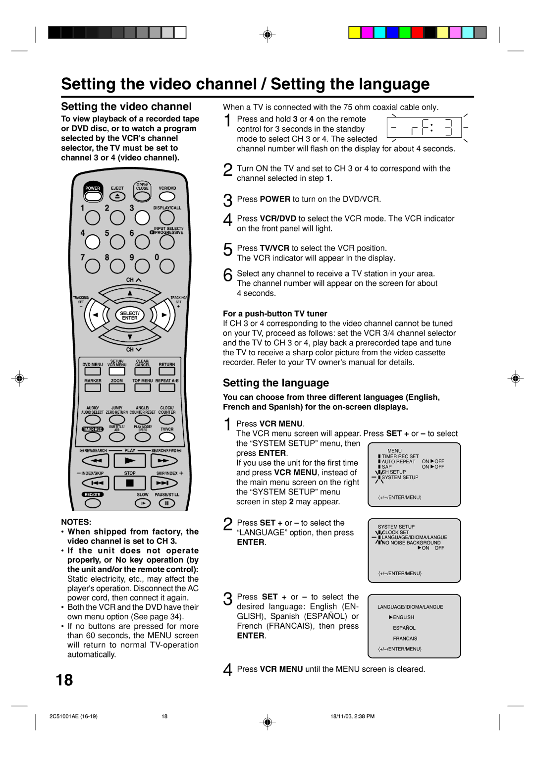 Memorex MVD4540B owner manual Setting the video channel / Setting the language, Enter 