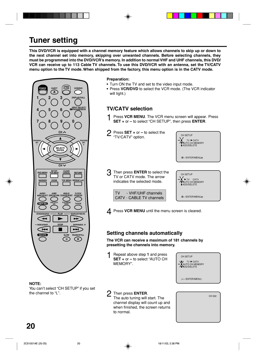 Memorex MVD4540B owner manual Tuner setting, TV/CATV selection, Setting channels automatically 