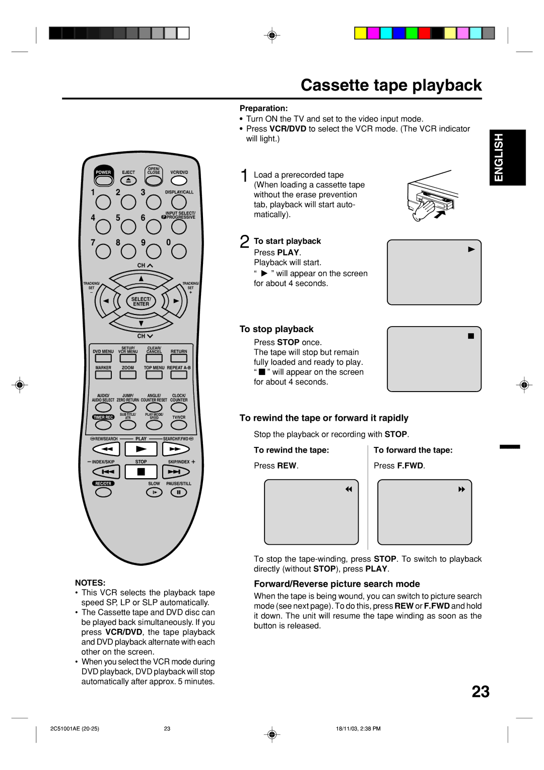 Memorex MVD4540B Cassette tape playback, To stop playback, To rewind the tape or forward it rapidly, To start playback 