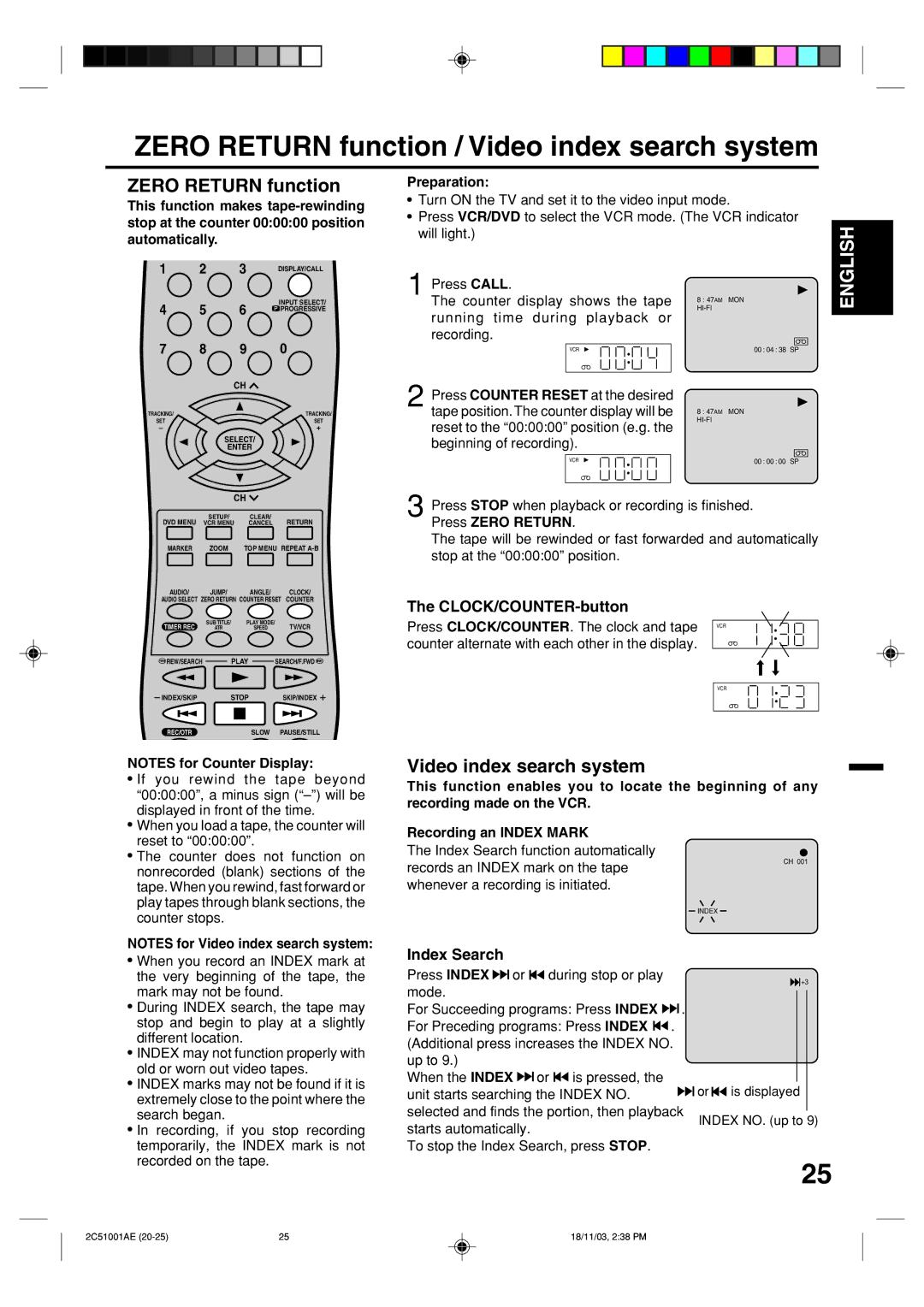 Memorex MVD4540B owner manual Zero Return function / Video index search system, CLOCK/COUNTER-button, Index Search 