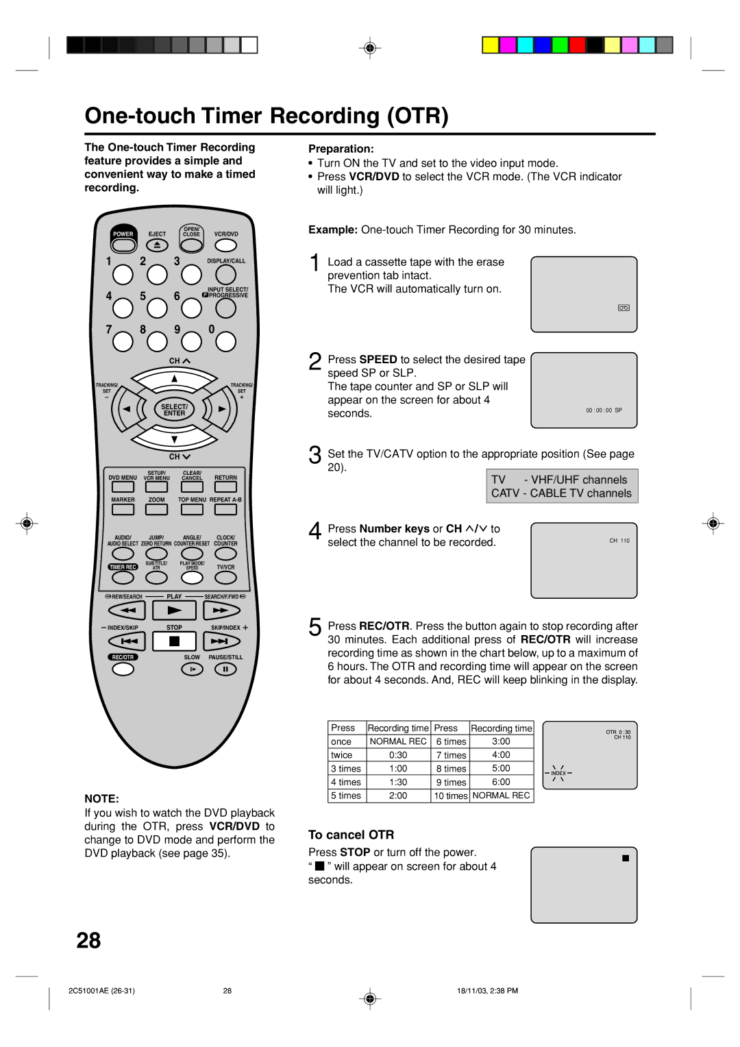 Memorex MVD4540B owner manual One-touch Timer Recording OTR, To cancel OTR, Press Number keys or CH / to 