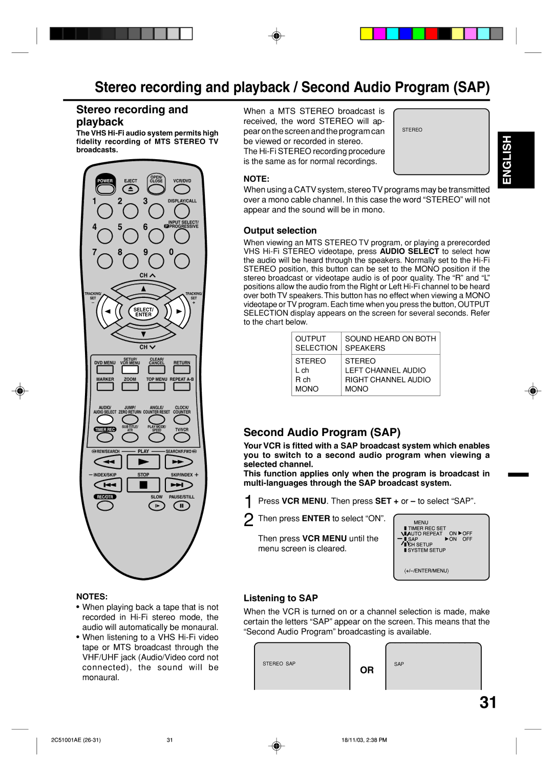 Memorex MVD4540B owner manual Stereo recording and playback, Second Audio Program SAP, Output selection, Listening to SAP 