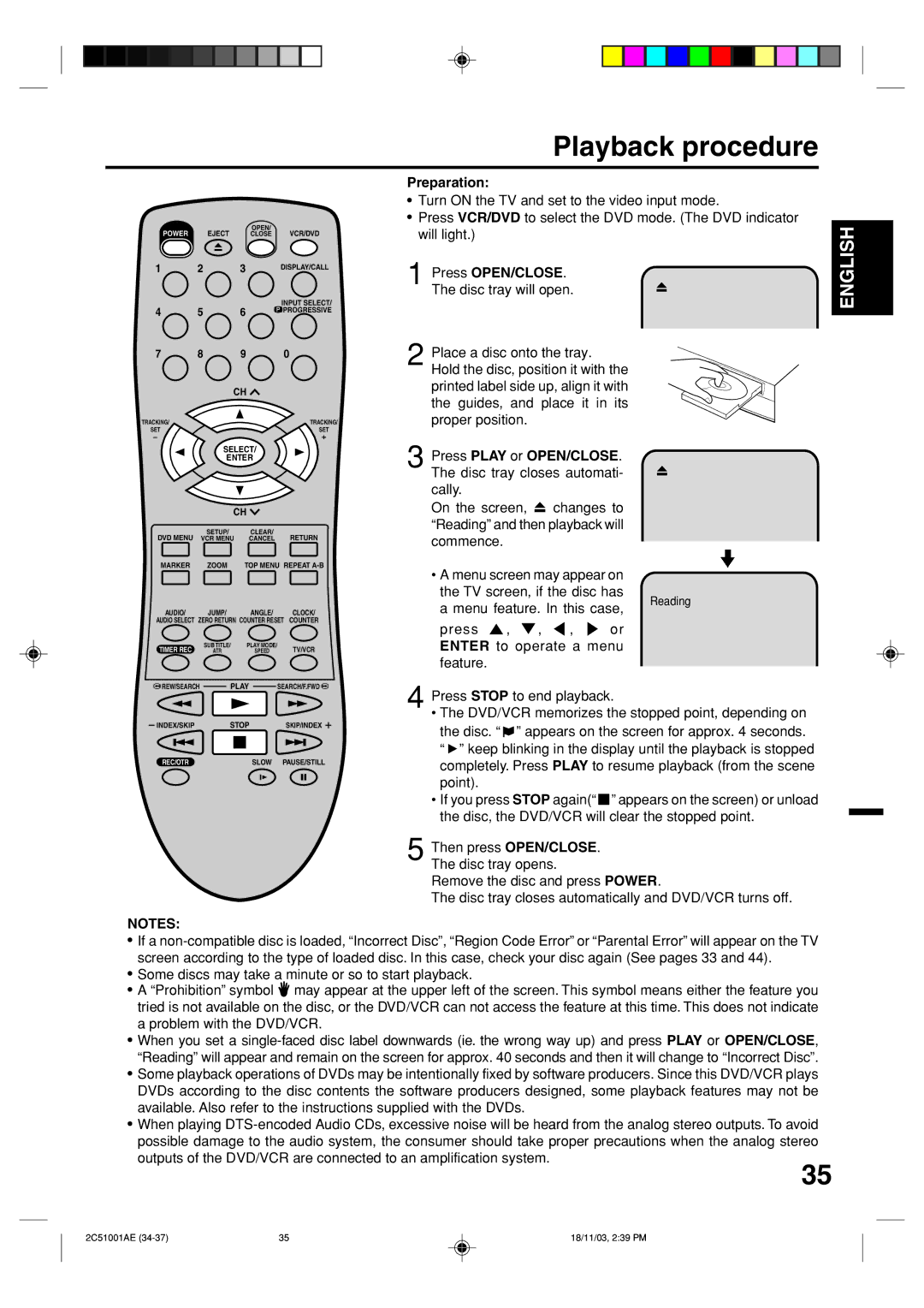 Memorex MVD4540B owner manual Playback procedure, Press OPEN/CLOSE, Menu feature. In this case 