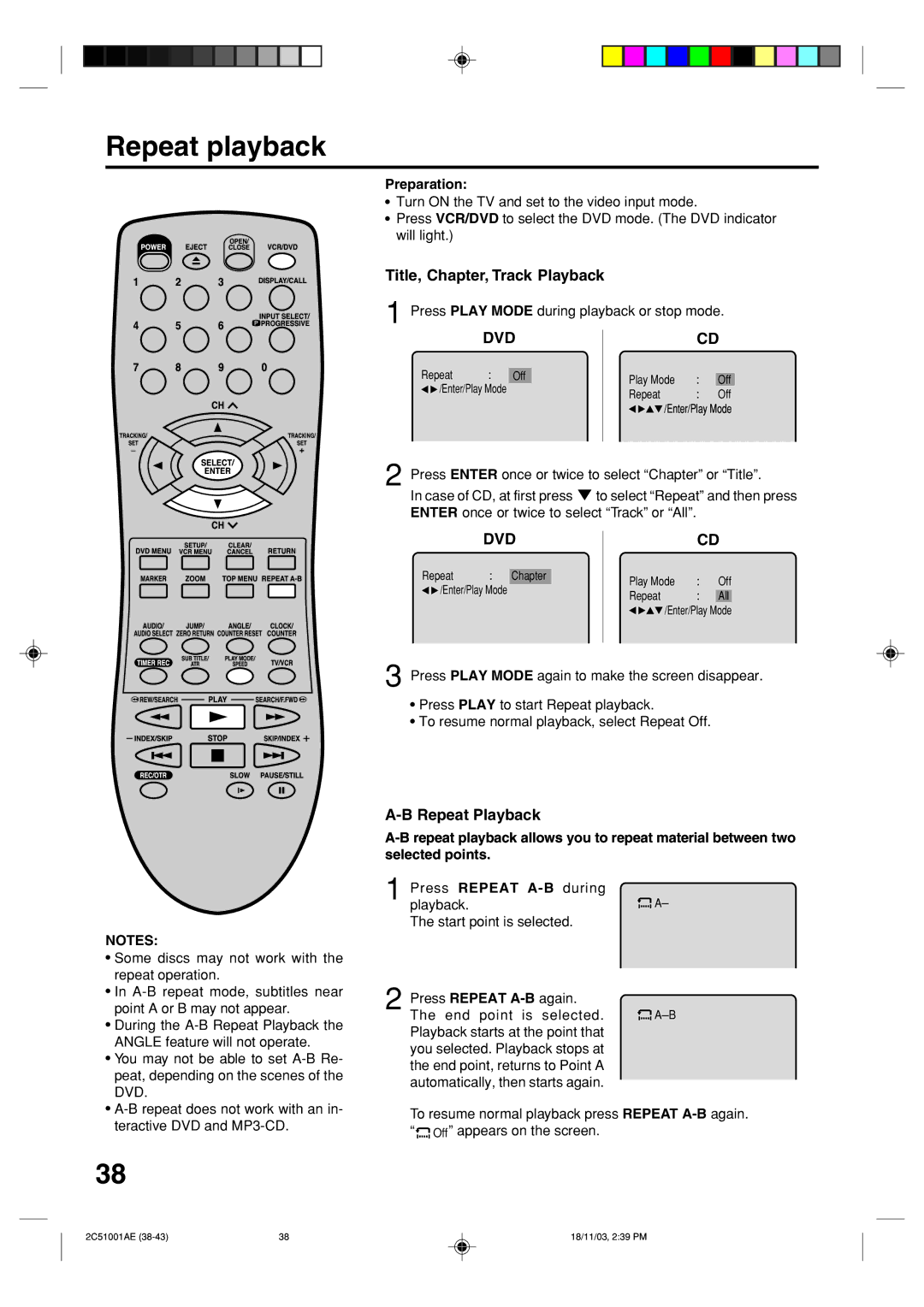 Memorex MVD4540B Repeat playback, Title, Chapter, Track Playback, Dvd, Press Play Mode during playback or stop mode 