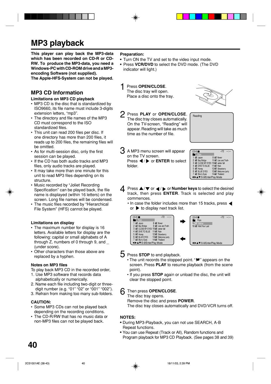 Memorex MVD4540B owner manual MP3 playback, MP3 CD Information, Limitations on MP3 CD playback, Limitations on display 