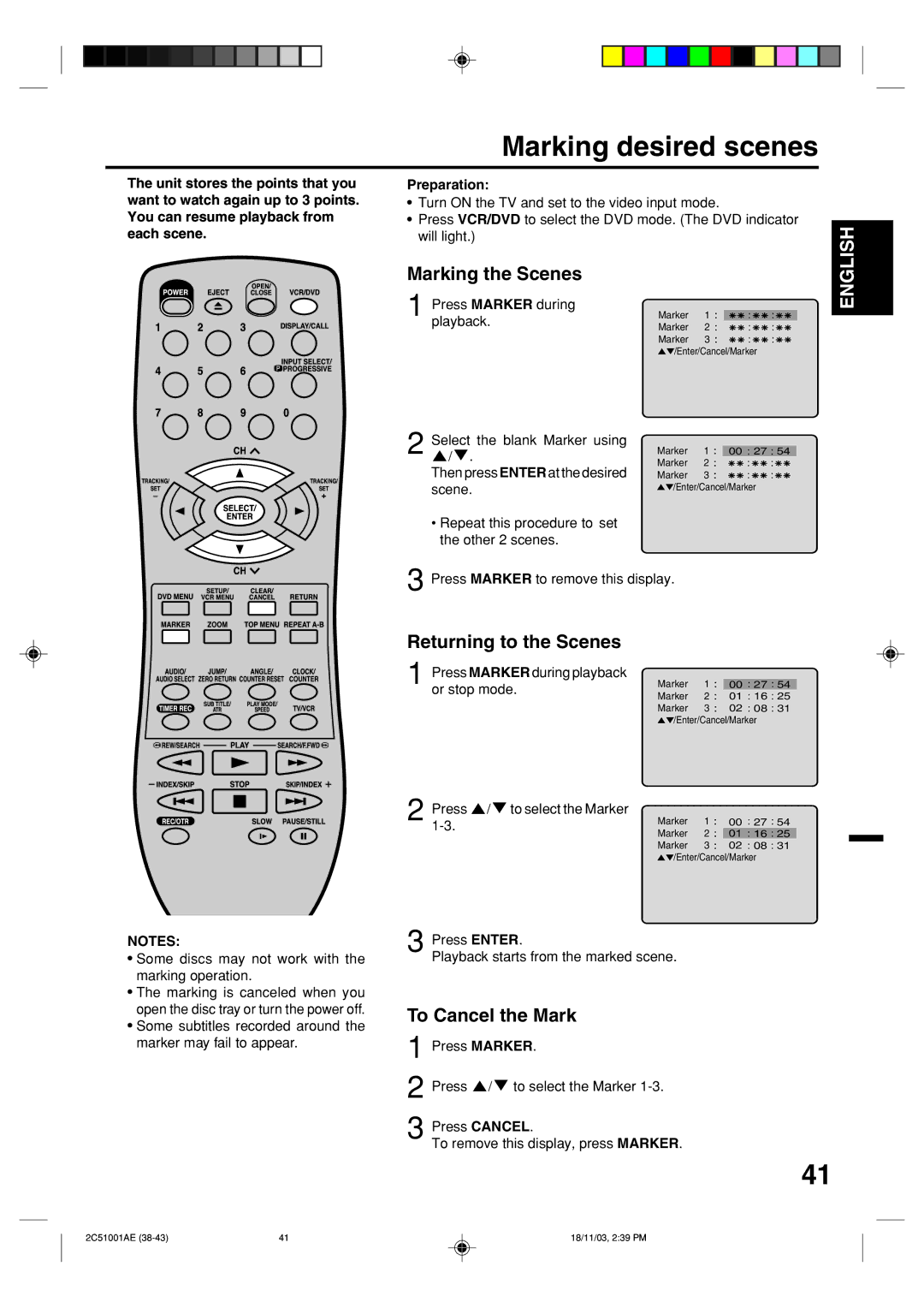 Memorex MVD4540B owner manual Marking desired scenes, Marking the Scenes, Returning to the Scenes, To Cancel the Mark 