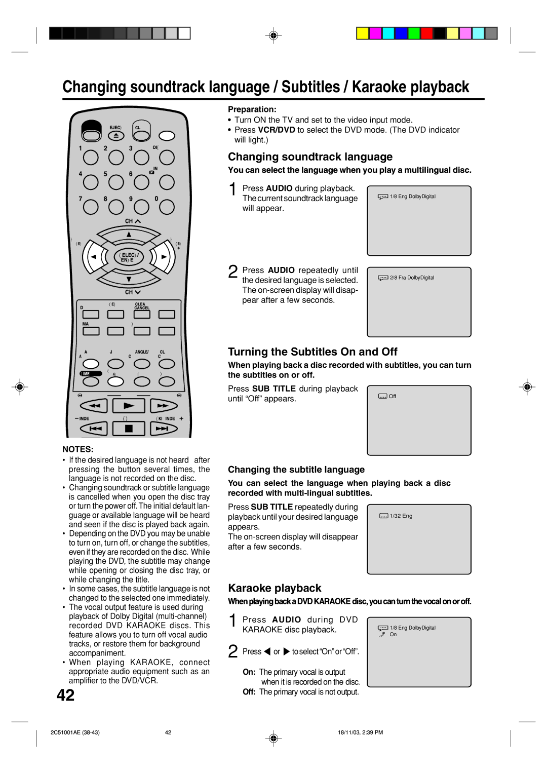 Memorex MVD4540B Changing soundtrack language, Turning the Subtitles On and Off, Karaoke playback, Subtitles on or off 