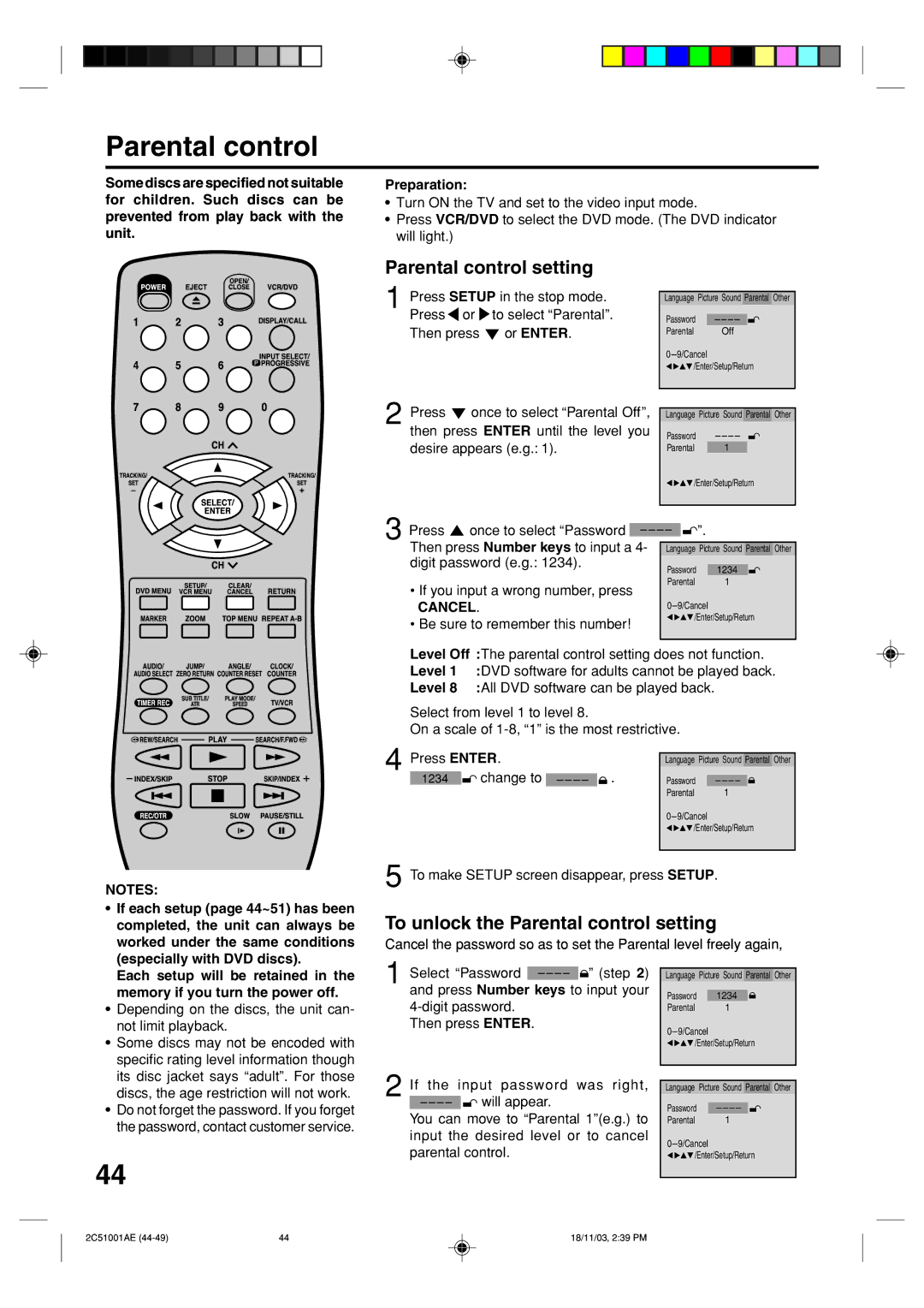 Memorex MVD4540B owner manual Parental control setting, Cancel 