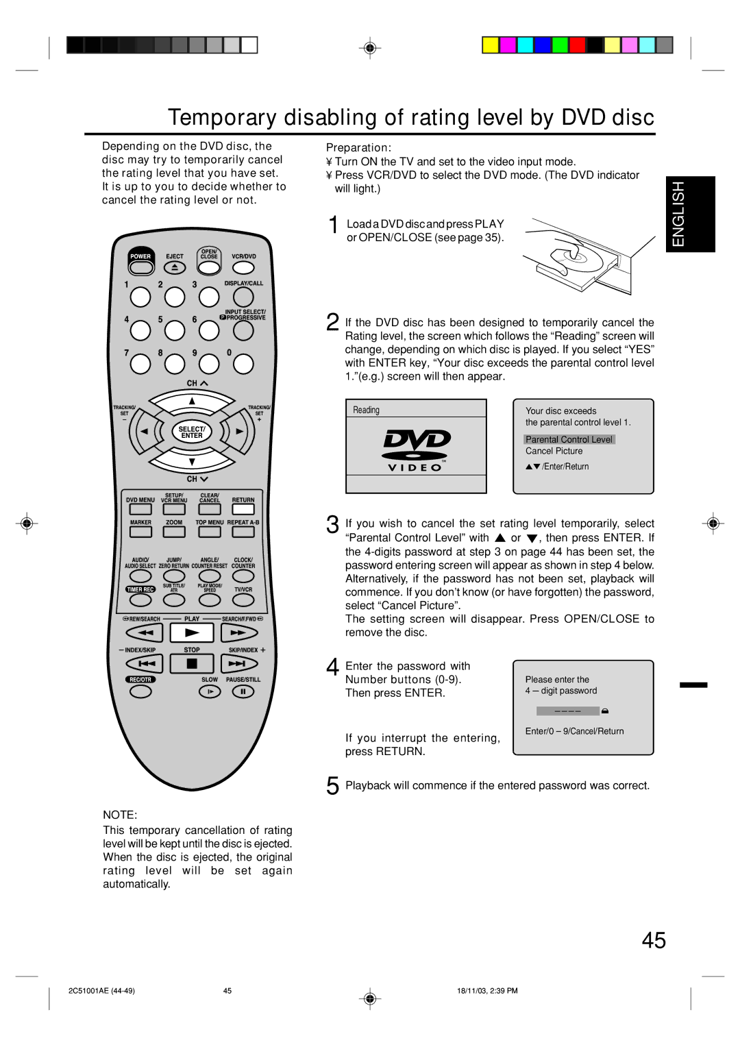 Memorex MVD4540B owner manual Tracking/Set- Select/Enterch Tracking/Set+, Temporary disabling of rating level by DVD disc 