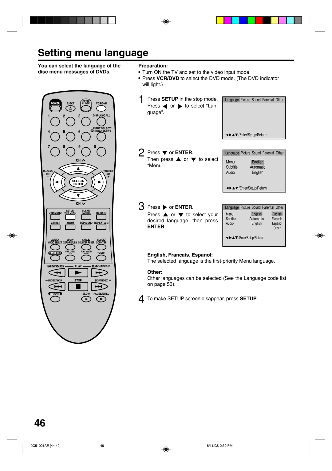 Memorex MVD4540B owner manual Setting menu language, Or Enter, English, Francais, Espanol, Other 