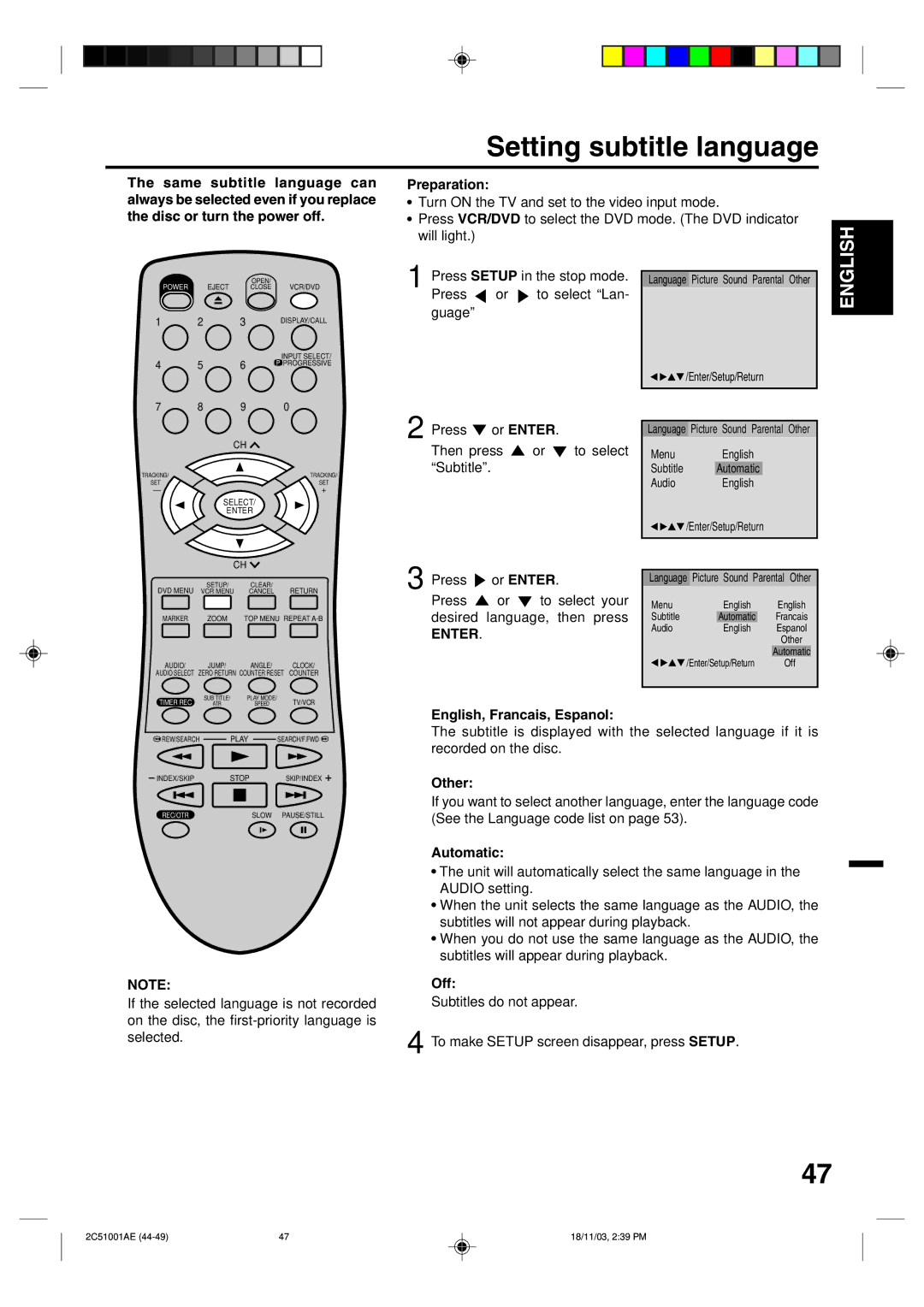 Memorex MVD4540B owner manual Setting subtitle language, Automatic, Off 