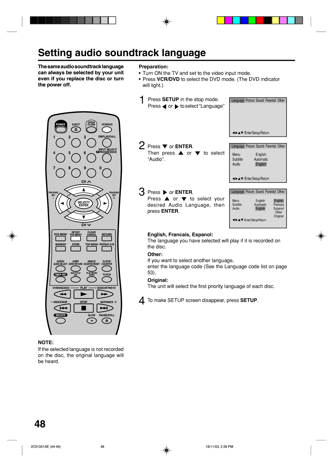 Memorex MVD4540B owner manual Setting audio soundtrack language, Then Press To select Audio, Original 