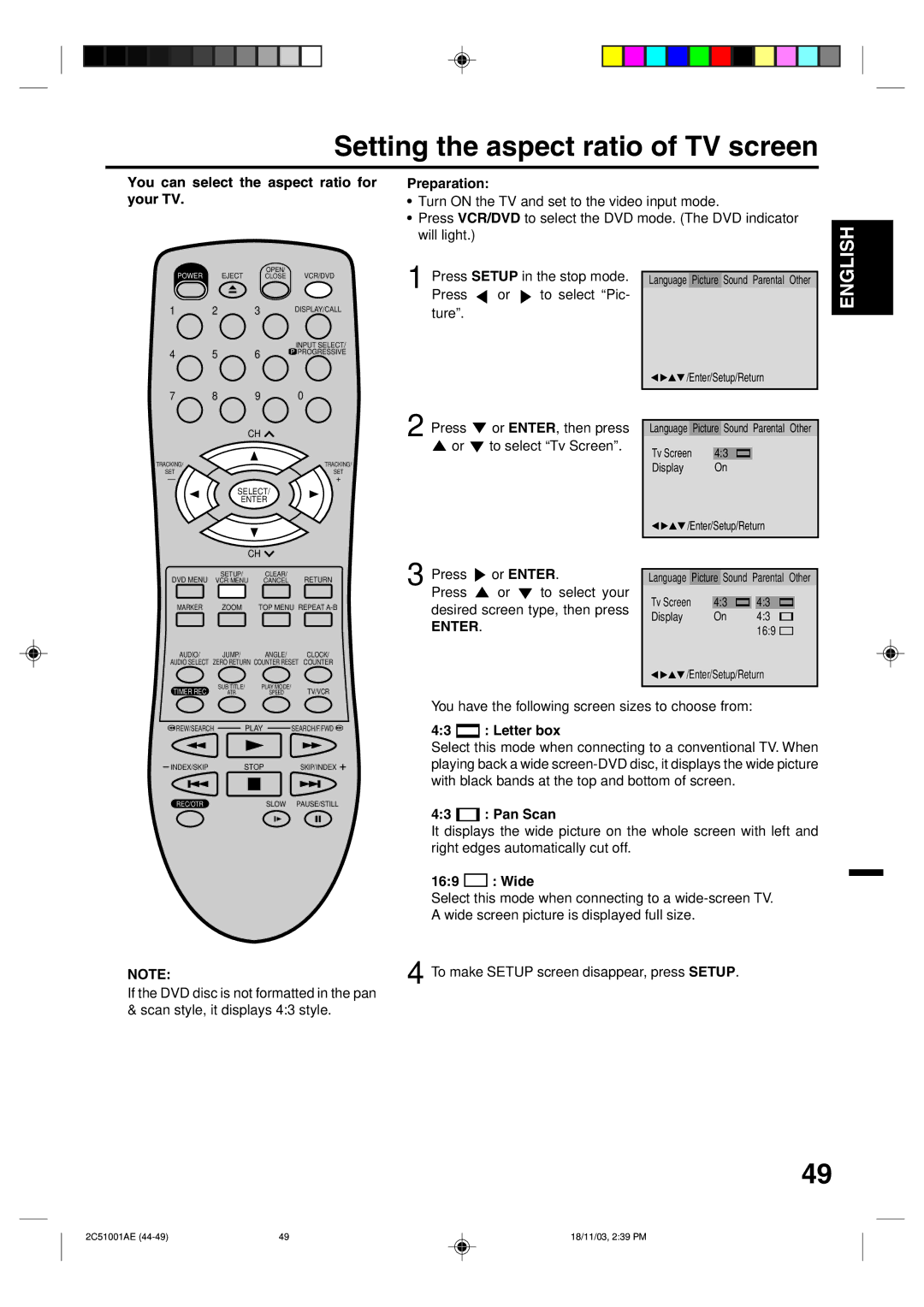 Memorex MVD4540B Setting the aspect ratio of TV screen, You can select the aspect ratio for your TV, Letter box, Pan Scan 